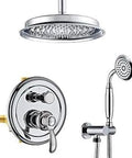 Vintage Style Ceiling Mount Rain Shower System With 9 Inch Rain Head And Handheld Spray 2 Way Diverter Brass Rough In Valve With Trim Kit Chrome Finish Modern Luxury Dope Retro Bathroom Upgrade showcasing chrome finish, rain head, and handheld spray with diverter.