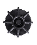 Top view of Eight Outlet Adjustable Bubbler for Drip Irrigation Systems, black and blue, converts underground lines to micro drip watering.