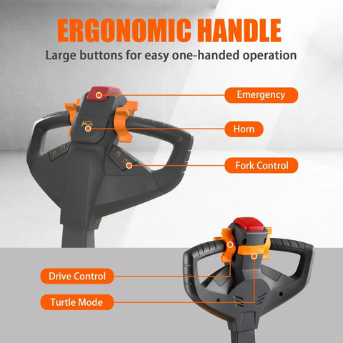 Ergonomic handle of 3300 Lbs Full Electric Walkie Stacker Material Lift with easy buttons for control and operation.