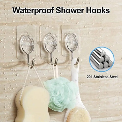 3 clear adhesive wall hooks used in a shower to hang sponges, part of an 8 Pack Clear Adhesive Wall Hooks Stick On Self Adhesive Stainless Steel Hooks Hang Up To 11 Lbs Great For Bathroom Kitchen Entryway And More Discreet Invisible Mount No Tools Needed
