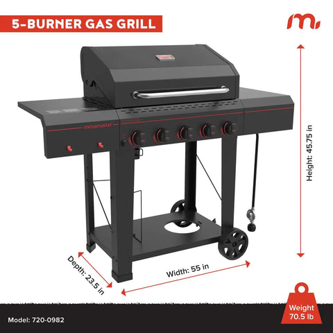 5-Burner Propane Gas Grill With Side Tables And Accessory Hooks, 50,000 BTUs, 656 Sq In Cooking Space, Two Wheel Transport