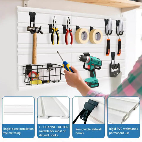 Durable PVC Slatwall Panel Set For Garage And Workshop, 6 pieces, 6x24 inch slat wall boards installed with tools displayed