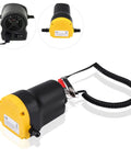 Efficient 12V Electric Fluid Extractor Pump With Battery Clamps for oil transfer, featuring a black body, yellow top, and hose.