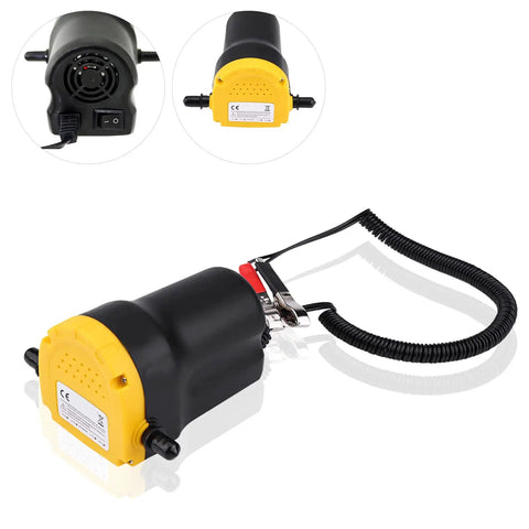 Efficient 12V Electric Fluid Extractor Pump With Battery Clamps for oil transfer, featuring a black body, yellow top, and hose.