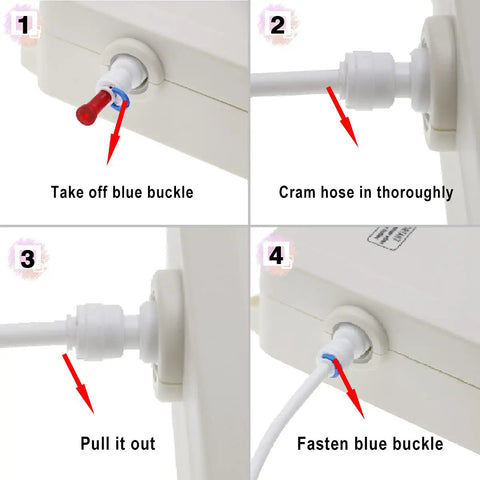 Instructions for Bottled Water Pump System With Adjustable Flow 25W Electric Dispenser connection and blue buckle securing.