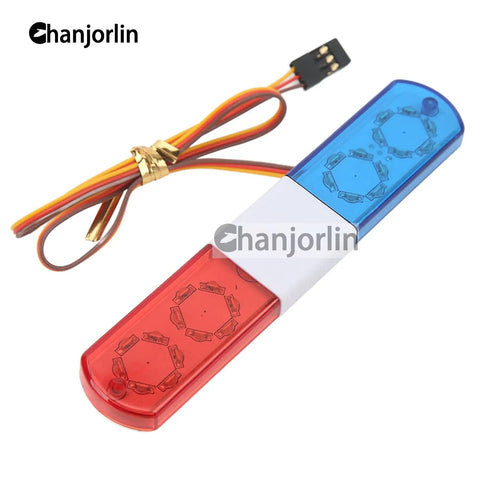 One Tenth RC Police Lights LED Flashing Lamp Kit With Nine Modes For Off Road Crawlers And Rally Trucks Fits One Eighth Scale HSP Traxxas Tamiya RC4WD Axial Arrma Blue And Red 115mm, showing blue and red LEDs with wiring