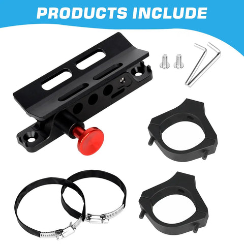 Heavy Duty Aluminum Fire Extinguisher Mount Bracket With Quick Release For 1.75 To 2 Inch Roll Bars, components shown