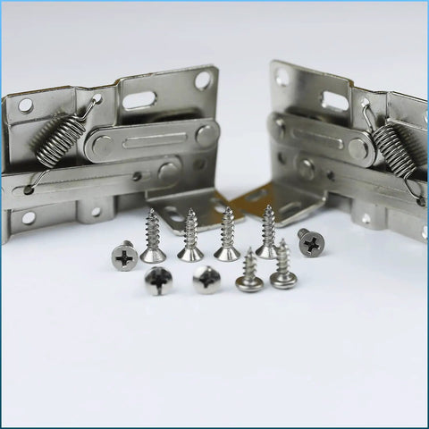 Heavy Duty Steel Tip Out Tray Hinges For 45 Degree Cabinet Drawer Pullouts Featuring Rock Solid Scissor Hardware with screws.
