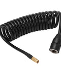 Hella Flexible Car Air Pump Extension Hose 9.84 Feet PS20 Female Plug Inflator Tube curls, showcasing its flexible design and brass end.