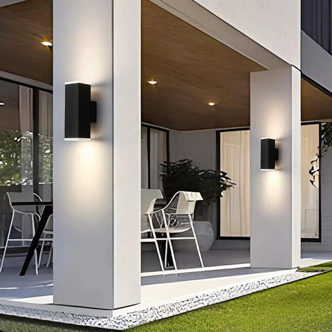 Black LED Modern Square Aluminum Outdoor Wall Light Fixture With Up Down Lighting 12W 3000K Warm White 1000 Lumens Weatherproof IP64 Rust Resistant No Bulbs To Change Ultra Sleek Exterior Wall Mount