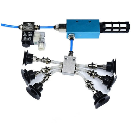 Heavy Duty Black Vacuum Cup Assembly Set With Industrial Manipulator Fittings, featuring air exhaust valve and tracheal muffler.