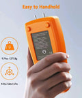 Handheld Manometer Gas Pressure Tester for HVAC Pros and DIYers, orange digital differential gauge, back view, in hand