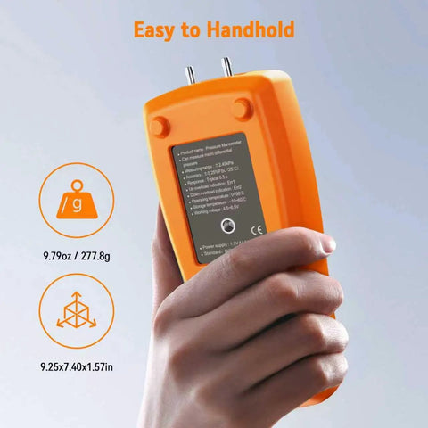 Handheld Manometer Gas Pressure Tester for HVAC Pros and DIYers, orange digital differential gauge, back view, in hand