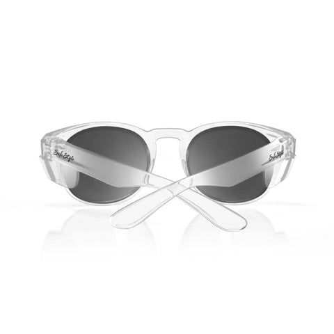 Kickass Polarized Safety Glasses Featuring Rounded Retro Frames And Anti Scratch Coatings Osha Approved Ansi Certified UV400 Polycarbonate Protective Eyewear Totally Dope For Working Men in clear lens front view.