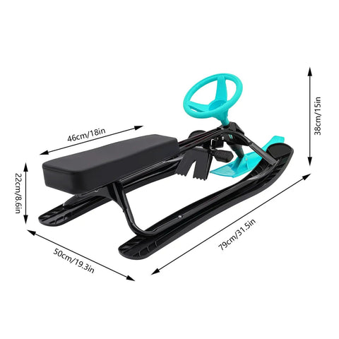 Green Steerable Ski Sled With Steering Wheel And Twin Brakes, Heavy Duty Go Kart Snow Scooter For Kids And Grownups, 220 Lbs Weight Capacity