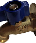 1/2 Inch Pex B To 3/4 Inch Ght Hose Bibb Solid Brass Garden Valve With Flange Nsf Certified, showing blue lever and brass material.