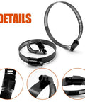 Hose clamp set, 16-piece stainless steel worm-gear clamps in 4 sizes (14–102 mm), black.