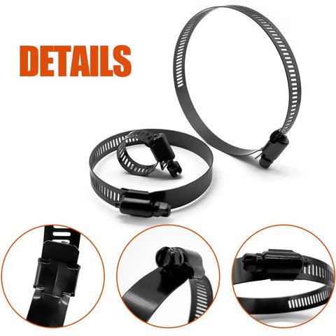 Hose clamp set, 16-piece stainless steel worm-gear clamps in 4 sizes (14–102 mm), black.