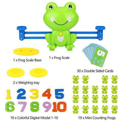 Tot Approved Montessori Math Learning Kit Featuring Dope Frog Shaped Pieces To Boost Preschool Numeracy Foundation And Supply Top Shelf STEM Challenges For Bright Kiddos, includes frog scale and counting pieces.