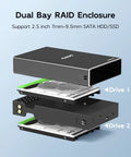 Dual Bay Hard Drive Raid Enclosure For 2.5 Inch SATA SSD And HDD Featuring USB 3.1 Gen 2 10Gbps Blazing Fast Transfers And Rock Solid Aluminum Build Handling RAID Zero One JBOD Without Breaking A Sweat showing internal drives.
