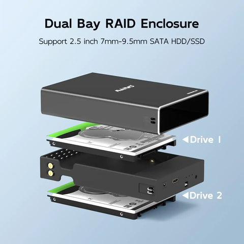 Dual Bay Hard Drive Raid Enclosure For 2.5 Inch SATA SSD And HDD Featuring USB 3.1 Gen 2 10Gbps Blazing Fast Transfers And Rock Solid Aluminum Build Handling RAID Zero One JBOD Without Breaking A Sweat showing internal drives.