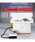 Built Tough Portable Woodworking Table Saw Featuring Dual High Power Motors Plus No Mess Dust Control On A Heavy Duty Aluminum Bench, showing dust collection device.