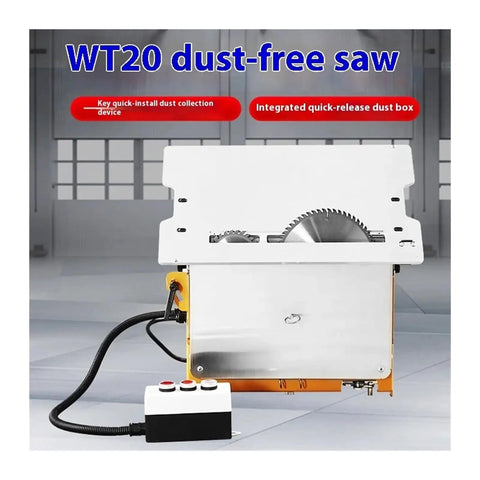 Built Tough Portable Woodworking Table Saw Featuring Dual High Power Motors Plus No Mess Dust Control On A Heavy Duty Aluminum Bench, showing dust collection device.
