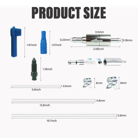 Brake Bleeder Kit For Cars And Motorbikes With 1L Bleeder Bottle 2 One Way Check Valves 60ml Syringe 19 Inch Hose Clamps Size Guide