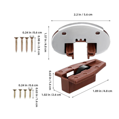 Heavy Duty Drawer Slide Kit 4 Pack, hardware set, measurements shown, includes brown roller and metal plate for cabinets, dressers