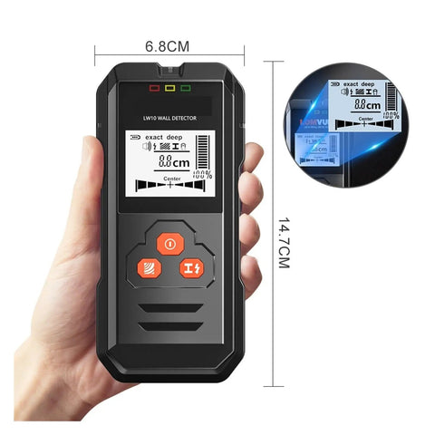 Rock Solid Black Metal Detector And Stud Finder With HD Backlit LCD Screen held in hand showing exact deep measurement and buttons.