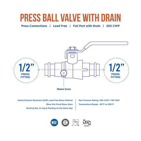 Diagram of Premium Press Ball Valve With Drain Half Inch Brass Plumbing Valve showing dimensions, drain, and specifications