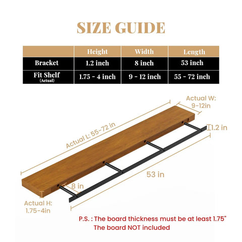 Size guide for Heavy Duty Floating Shelf Brackets With Reusable All Metal Jigs For Pros And DIYers, supports shelves 1.75-4 inches