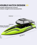 Double hatch visible on 14-Inch High Speed RC Boat For Pools And Lakes Delivers Over 20 MPH Action, Auto Self Righting feature