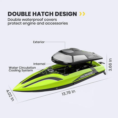 Double hatch visible on 14-Inch High Speed RC Boat For Pools And Lakes Delivers Over 20 MPH Action, Auto Self Righting feature