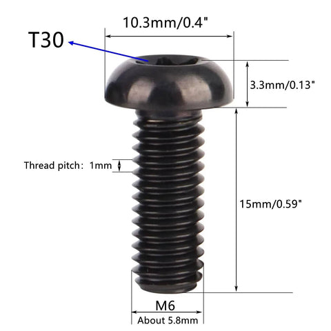 Titanium M6x15mm Torx T30 Socket Cap Screw with 1.0mm thread pitch, 6AL4V Grade 5, black, shown with dimensions