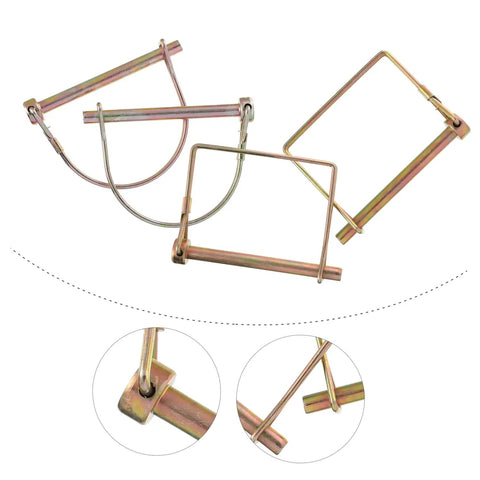10 Piece Farm Utility Trailer Linch Pin Set Heavy Duty Shaft Locking Pins For Trailer Hitches Boats Trucks And Towing Built Tough As Nails Corrosion Resistant Color Zinc Coated Quick Release Safety Fasteners displayed on white background with close-up details.
