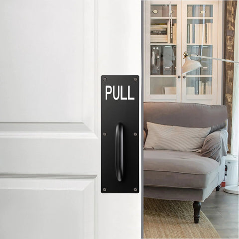 Two Sets 12 Inch Stainless Steel Door Handles For Wall Mounted Push Pull Plates With Screws shown on a white door in a living room