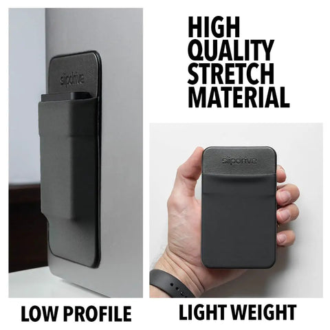 On The Go Portable SSD Sleeve For Laptop With Reusable Adhesive attached to a laptop and held in hand, compact and lightweight.