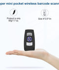 Compact 2D And 1D Grab And Go Portable Handheld Barcode Scanner on hand, showing size and weight, Bluetooth 2.4G USB 3 in 1 design