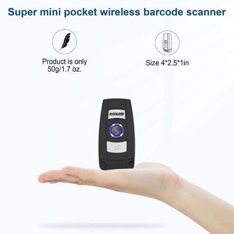 Compact 2D And 1D Grab And Go Portable Handheld Barcode Scanner on hand, showing size and weight, Bluetooth 2.4G USB 3 in 1 design