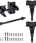 Heavy Duty Gate Hardware Kit With 8 Inch T Strap Hinges And Gravity Gate Latch Plus Self Closing Spring, black steel components.