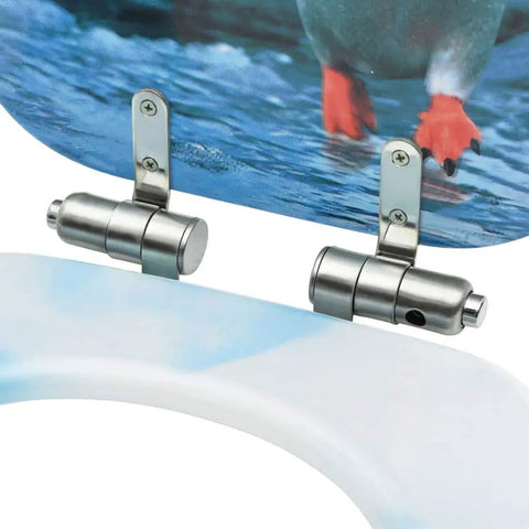 Top Tier Mdf Toilet Seat With Smooth Soft Close Lid, Clean Penguin Print Cover, Heavy Duty Zinc Hinges close-up view