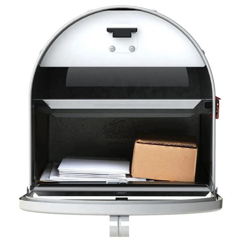 Open Locking Post Mount Mailbox To Lock Down Your Mail, Large White Finish With Concealed Locking Compartment, showing mail inside
