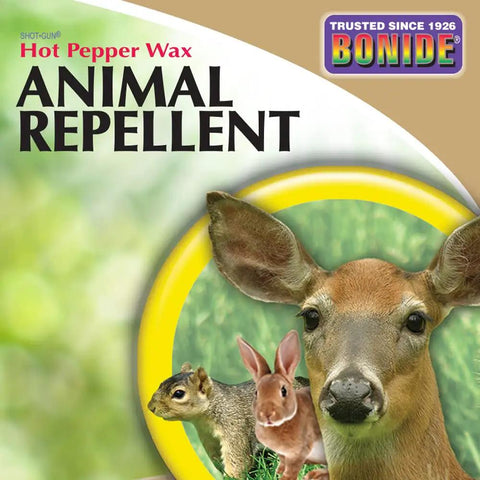 Hot Pepper Wax Animal Repellent Spray 32 Oz Ready To Use label with images of deer, rabbit, and squirrel