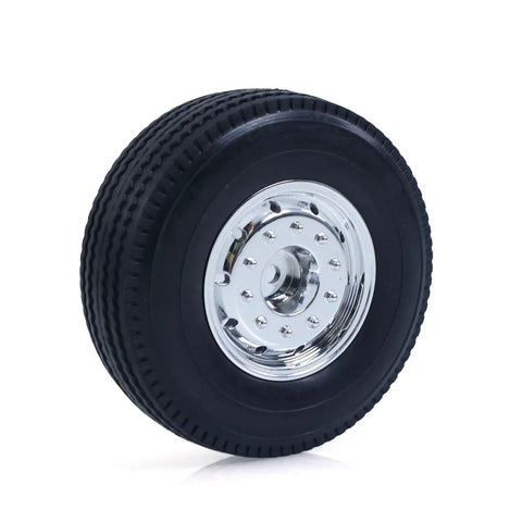 Close-up of tire for RC Flatbed Semi Trailer Kit With 3 Axles For 1/14 Tamiya Tractor Truck showing chrome wheel hub.