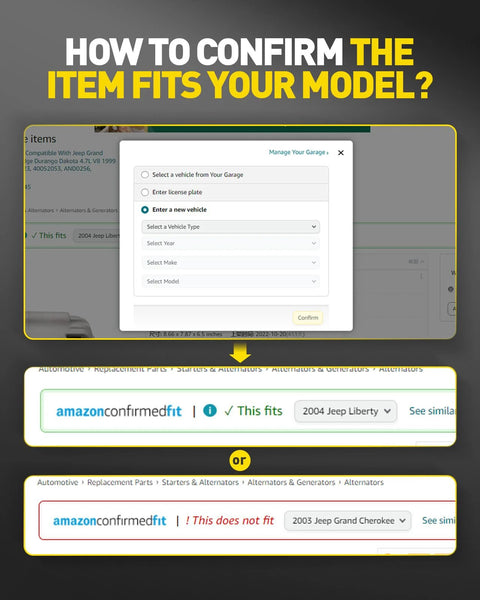 Screenshot showing how to confirm item fit for Jeep models on Amazon, with options for selecting vehicle and compatibility status.