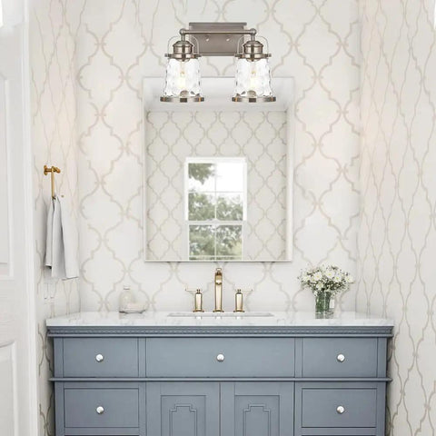 2 Light Vanity Light Fixtures In Modern Brushed Nickel Finish For Bathroom Over Mirror Industrial Sconces Wall Lighting With Hammered Glass Shades Vintage Industrial Style Boss Level Glow Ready To Install above mirror in bathroom