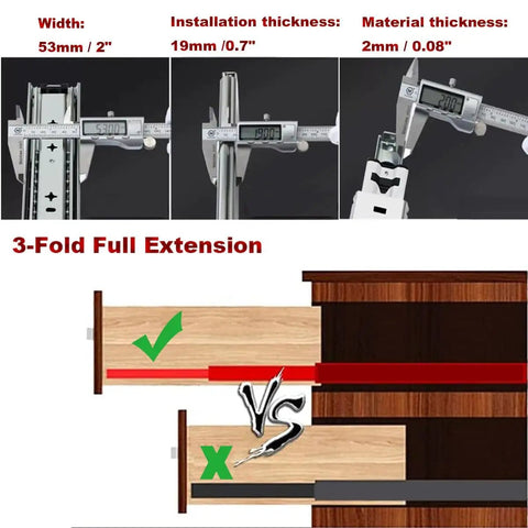 Dimensions and extension of heavy duty long locking drawer slides with full extension 32 inch side mount rails.