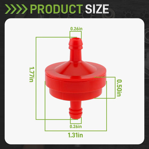 Red 10 Pack Inline Gas Fuel Filters For Lawn Mower Quarter Inch ID 150 Micron Replacement Fits John Deere, product dimensions shown