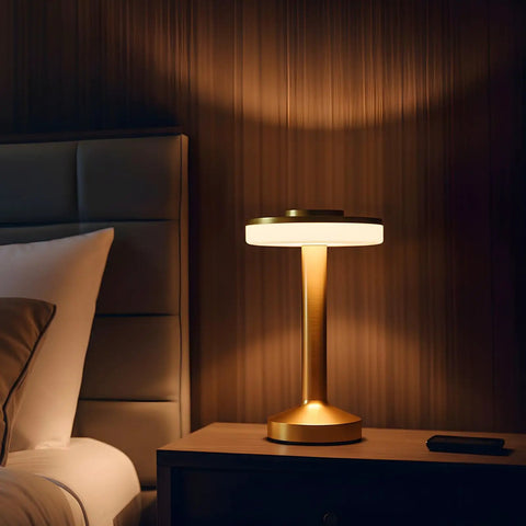 Two Pack LED Portable Cordless Table Lamps With Touch Sensor, Three Color Stepless Dimming on bedside table, gold finish